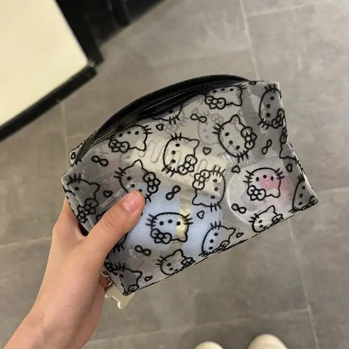 Black Mesh Hello Kitty Makeup Bag - Cute Portable Cosmetic Pouch with Large Capacity, Durable Organizer for Travel