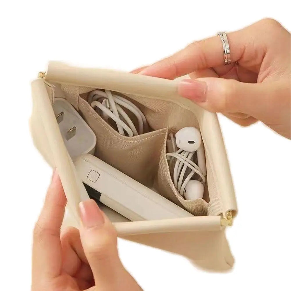 PU Leather Simple Mini Lipstick Makeup Storage Earphones Bag Waterproof Dustproof Large Capacity Multi-layer Partition Portable