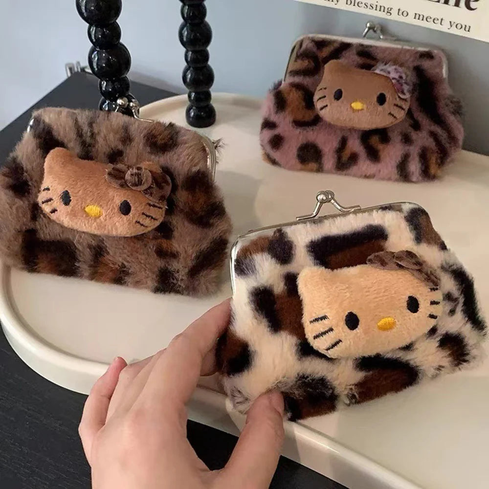 Cute Fresh and Sweet Kitty Leopard Print Coin Purse Plush Carry Bluetooth Headphone Bag KT Cat Makeup Bag Storage Bag