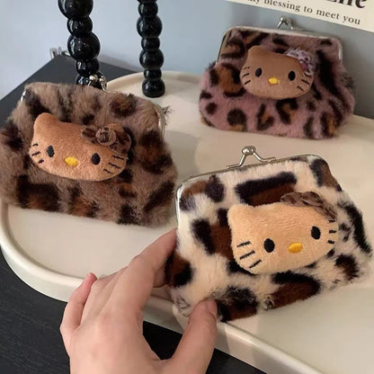 Cute Fresh and Sweet Kitty Leopard Print Coin Purse Plush Carry Bluetooth Headphone Bag KT Cat Makeup Bag Storage Bag