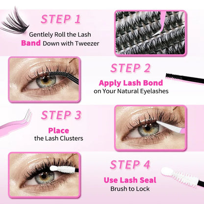 MAIOJIE DIY Clusters Lash Kit 8-16mm Mix Bond&Seal Tweezers Lash Set for Self Application Makeup Individual Eyelash Extensions