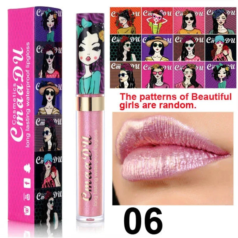 Cmaadu shimmer lip gloss beauty girl diamond glitter lip tint waterproof long lasting 12 color gold flash liquid lipstick makeup