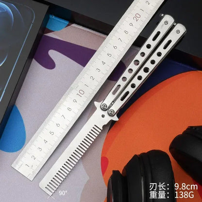 Foldable Comb Stainless Steel Practice Training Butterfly Knife Comb Beard Moustache Brushe Salon Hairdressing Styling Tool