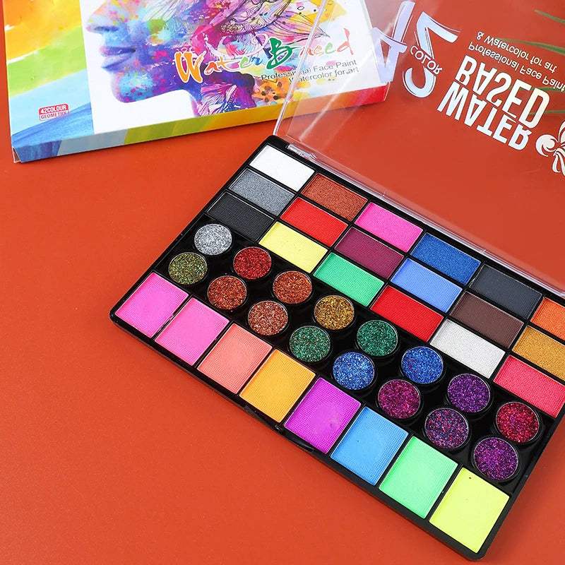42 Colors Water Soluble Face Body Painting Set UV Neon Glitter Face Paint Art Halloween and Christmas Party Body Paint Makeup