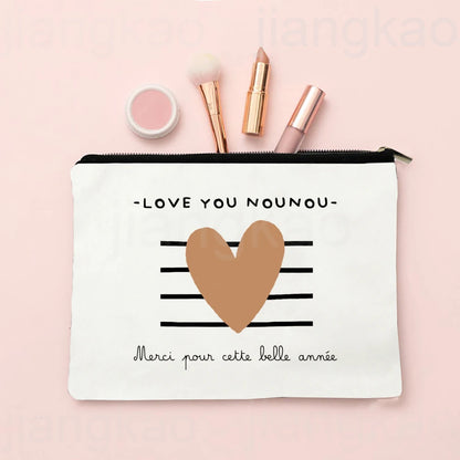 Thank You for Caring for Me As A Nanny French Print Cosmetic Bag Travel Toiletry Organizer Bags Women Makeup Bag Gift for Nounou