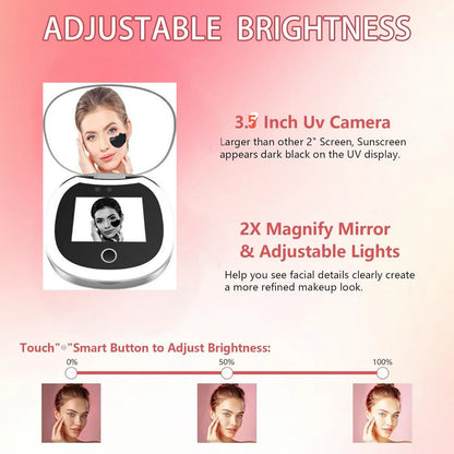 UV Mirror Sunscreen Testing Camera with Light 2X Magnification Travel Makeup 3.5in Pocket Size L Pocket Mirror Sunscreen Mirror