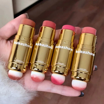 Double Head Powder Blusher Stick, Multi-use Cream Blush Stick with Sponge Tip, Long-lasting Natural Cheek Tint, Portable Makeup