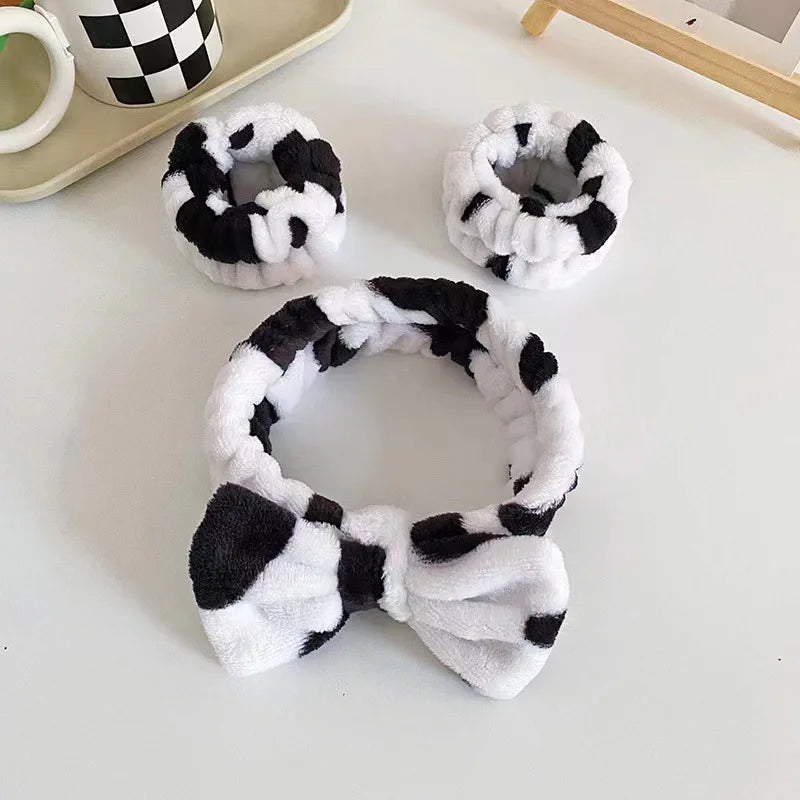 1 Cow Patterned Plush Hair Accessory Set for Autumn Winter Soft Skin Friendly Makeup Home Wear Skincare