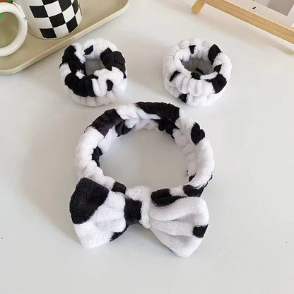 1 Cow Patterned Plush Hair Accessory Set for Autumn Winter Soft Skin Friendly Makeup Home Wear Skincare