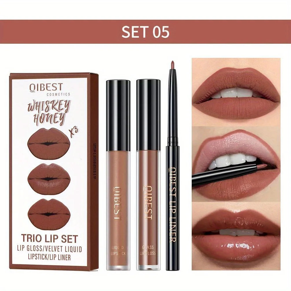 3 in 1 Lipstick and Lipliner Set, Long Lasting Waterproof Lip Stain Liquid Lipgloss Set for Women Halloween Gothic Makeup