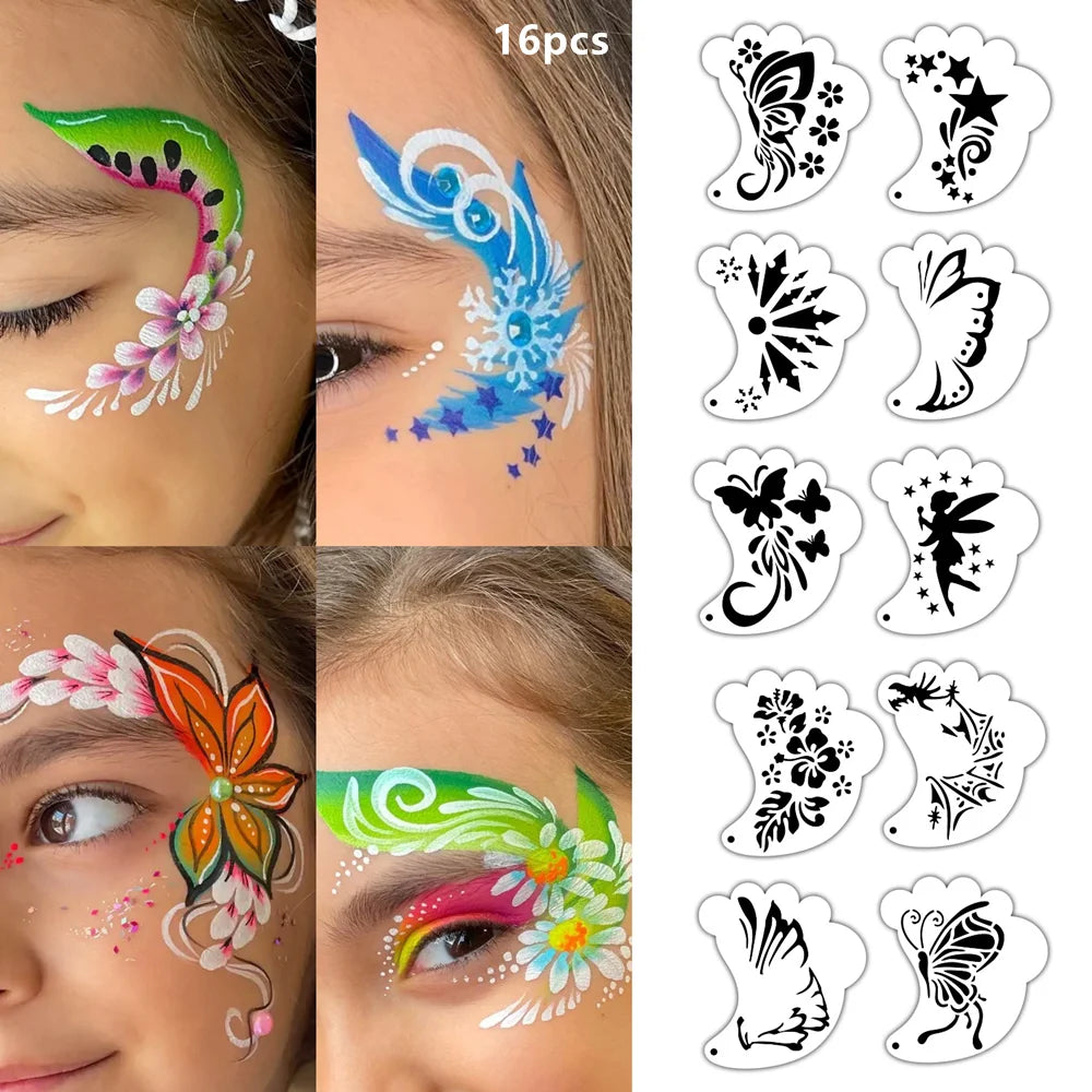 16 Face Painting Stencil New Mask Set DIY Kids Graffiti Hand Painting Aids Tattoo Stencils Stage Party Holiday Makeup