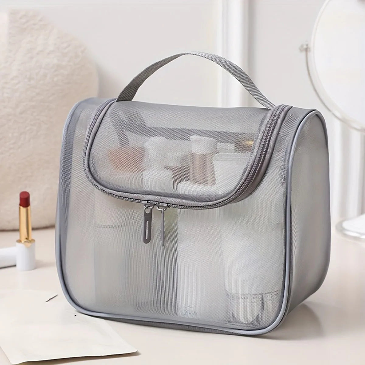 New multi-functional toiletries bag curved nylon mesh portable makeup bag women's large capacity cosmetics storage bag