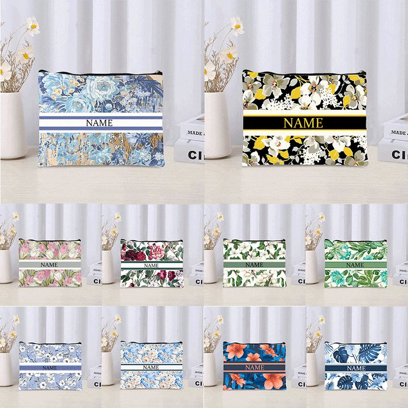 Luxury Custom Name Cosmetic Bag Floral Personalized Makeup Pouch Travel Lipstick Organizer Trendy Make Up Clutch Canvas Purse