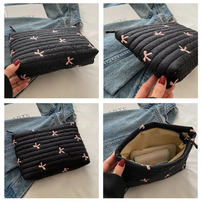Cute Makeup Bag with Zipper Large Capacity Cosmetic Bag Embroidery Bow Wash Storage Bag