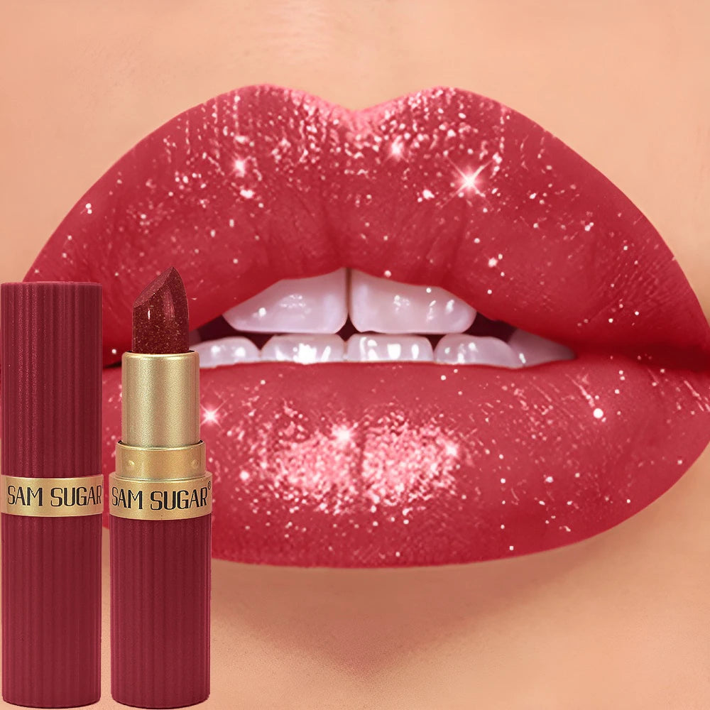 Diamond Glitter Lip Stick Waterproof Lasting Pearlescent Metallic Lip Balm Brown Lipgloss Women Lips Gloss Makeup Cosmetics
