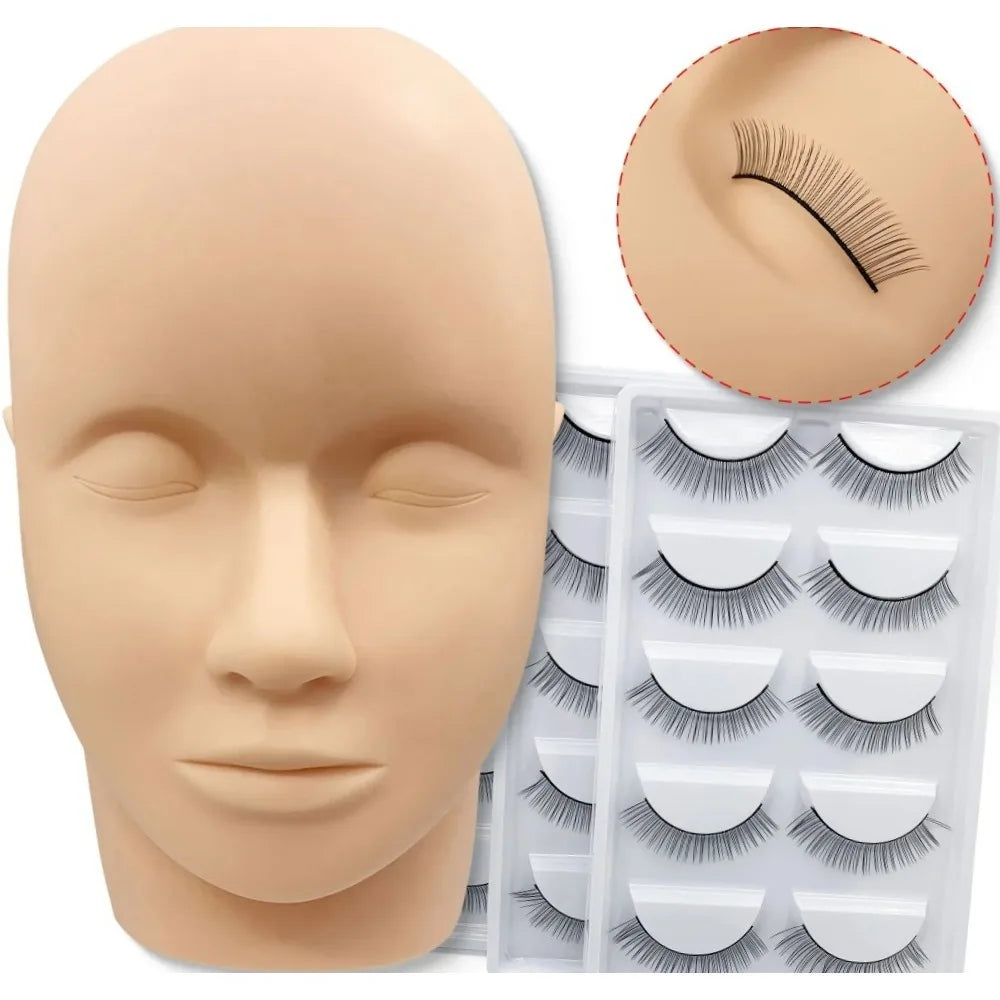 Eyelash Extension Training Head & Lashes Pack Makeup Practice Model Fake Mannequin Head Practicing Lashes Extensions Supplies