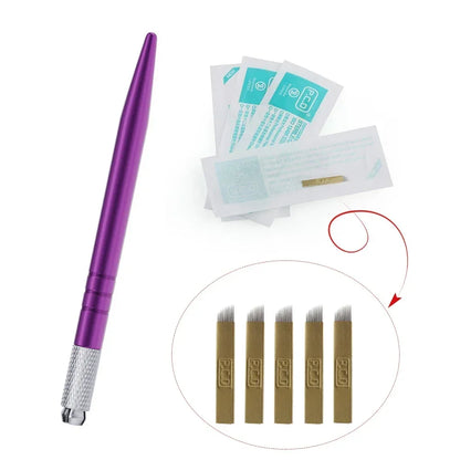 Golden Tebori 3D Tattoo Pen + 5 Pcs 12 Pins Microblading Tattoos Needles Permanent Makeup Manual Professional Eyebrow Tattoo Set