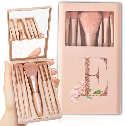 5pcs Cosmetic Brush Kit With Mirror And Case Foldable Box Storage Makeup Brush Set Portable Beauty Tool Rose Gold Letter Pattern