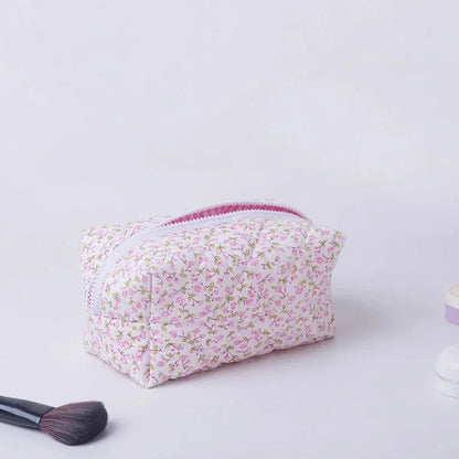 1PC Flower Printed Puffy Quilted Zipper Makeup Bag Storage Organizer Toiletry Handbag Cosmetic Pouch Large Travel Cosmetic Bag