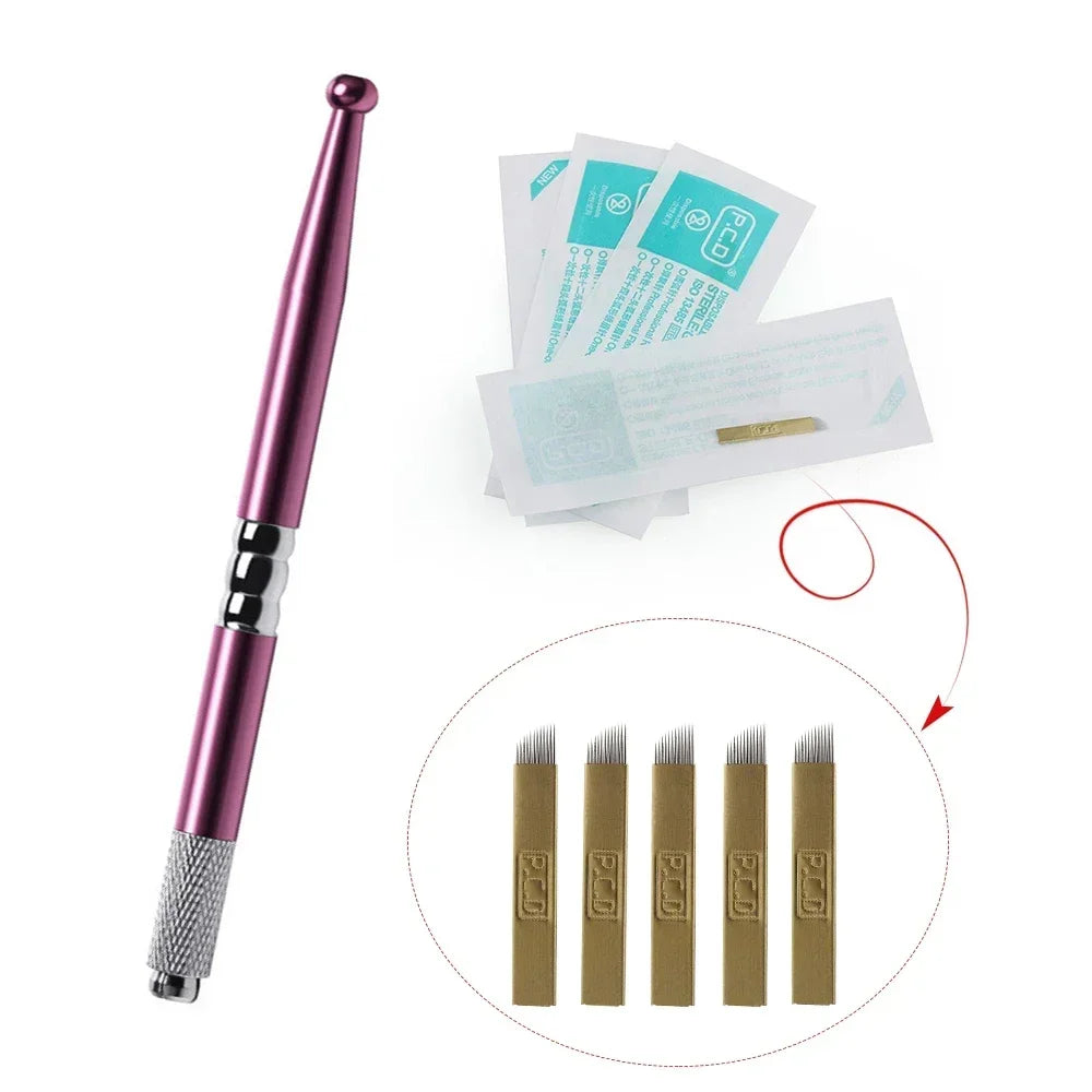Golden Tebori 3D Tattoo Pen + 5 Pcs 12 Pins Microblading Tattoos Needles Permanent Makeup Manual Professional Eyebrow Tattoo Set
