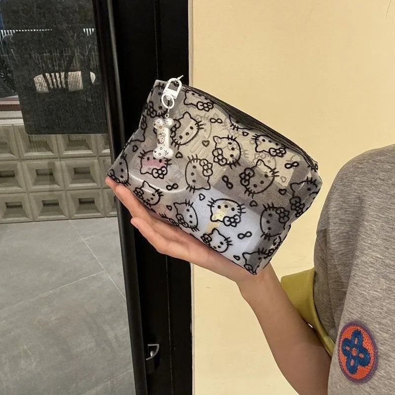 Black Mesh Hello Kitty Makeup Bag - Cute Portable Cosmetic Pouch with Large Capacity, Durable Organizer for Travel