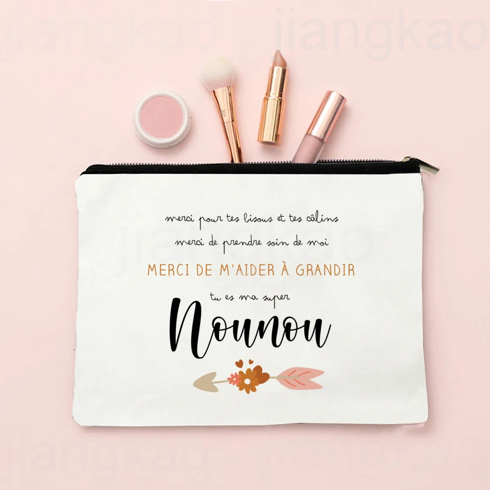Thank You for Caring for Me As A Nanny French Print Cosmetic Bag Travel Toiletry Organizer Bags Women Makeup Bag Gift for Nounou