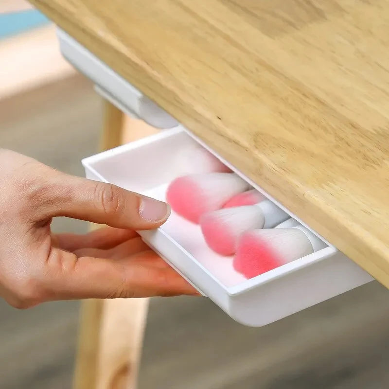 2pc White SelfAdhesive Storage Drawer Box Makeup Pencil Tray Desk Hidden Under Desk Stand Self-adhesive Under-drawer Storage Box