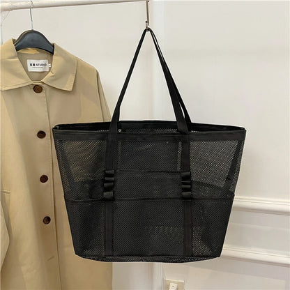 Portable Mesh Beach Bag For Women Makeup Travel Storage Wash Bag Summer Travel Swimming Bath Bag Organizer Shopper Totes