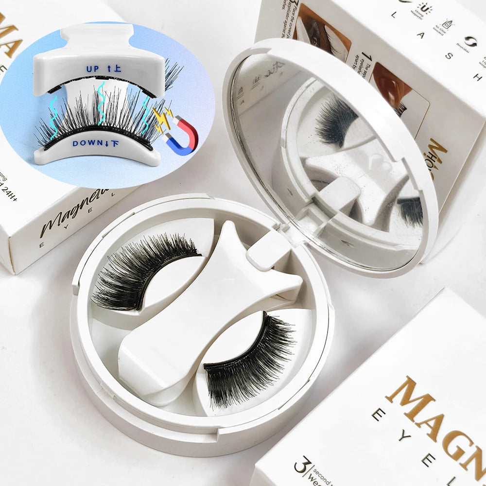 Magnetic Eyelashes Set 1 Pair Reusable No Glue Needed False Eyelashes with Magnetic Tweezers Curly Faux Lashes Makeup Tool