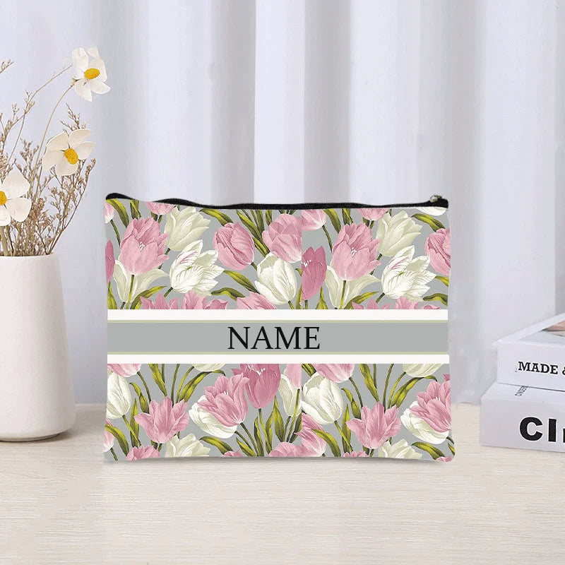 Luxury Custom Name Cosmetic Bag Floral Personalized Makeup Pouch Travel Lipstick Organizer Trendy Make Up Clutch Canvas Purse