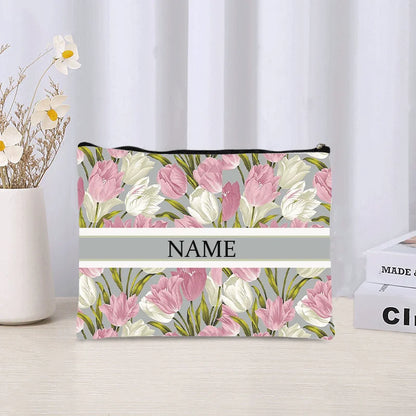 Luxury Custom Name Cosmetic Bag Floral Personalized Makeup Pouch Travel Lipstick Organizer Trendy Make Up Clutch Canvas Purse