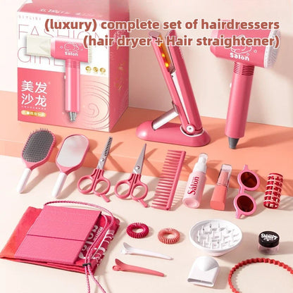 Girls Beauty Salon Set Kids Hair Beauty Makeup Set Simulation Hair Dryer Fashion Styling Tool Pretend Play House Gift Fun Game