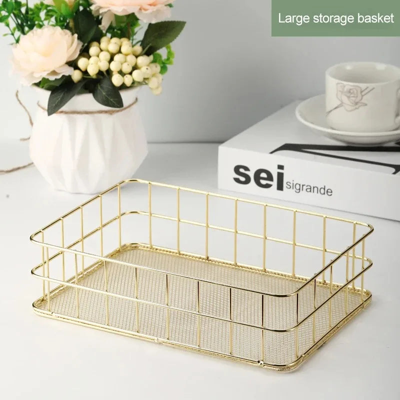 Nordic Iron storage Basket jewelry organizer Gold Office Desktop Sundries Makeup Brushes Holder Table Cosmetics Organizer Rack