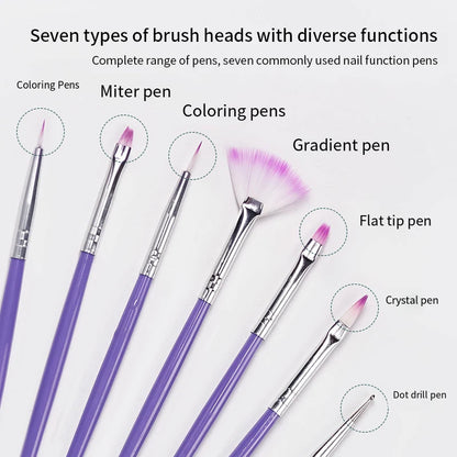 7PCS/Set Nail Art Polish Gel UV Tips Brush Dotting Painting Drawing Pen Fan Sector Line Builder Decoration Manicure Makeup Tools