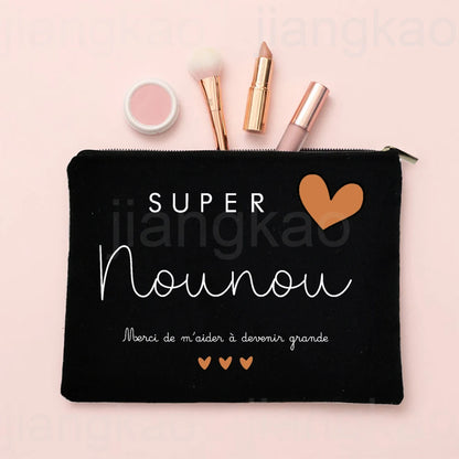 Thank You for Caring for Me As A Nanny French Print Cosmetic Bag Travel Toiletry Organizer Bags Women Makeup Bag Gift for Nounou