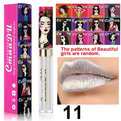 Cmaadu shimmer lip gloss beauty girl diamond glitter lip tint waterproof long lasting 12 color gold flash liquid lipstick makeup