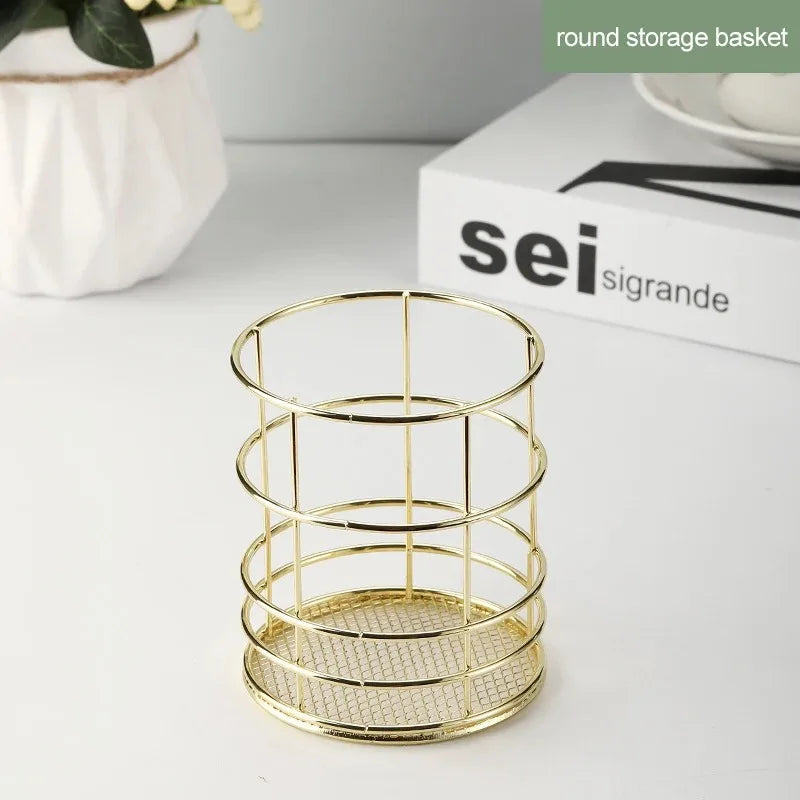 Nordic Iron storage Basket jewelry organizer Gold Office Desktop Sundries Makeup Brushes Holder Table Cosmetics Organizer Rack
