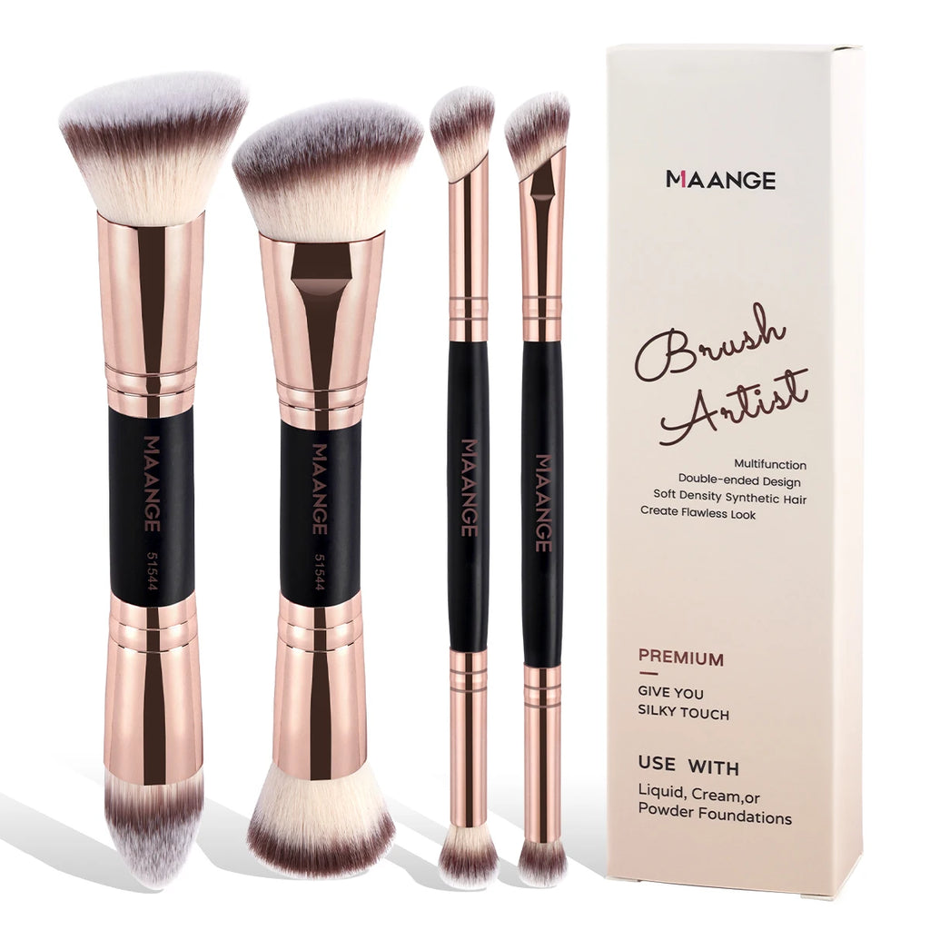 MAANGE 4pcs Basic Makeup Brushes Set With Box Dual-ended Foundations Powder Blush Details for Eyeshadow Brushes Beginner Travel