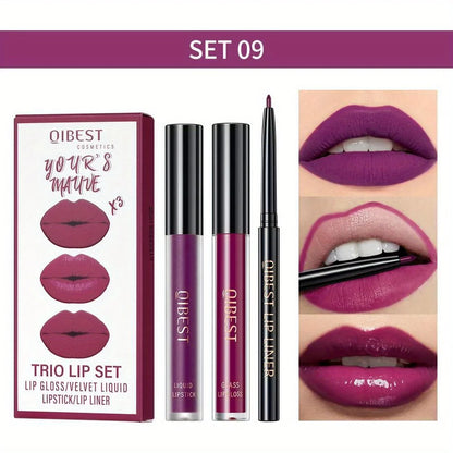 3 in 1 Lipstick and Lipliner Set, Long Lasting Waterproof Lip Stain Liquid Lipgloss Set for Women Halloween Gothic Makeup