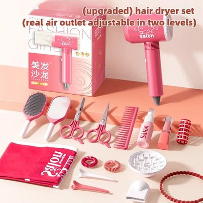 Girls Beauty Salon Set Kids Hair Beauty Makeup Set Simulation Hair Dryer Fashion Styling Tool Pretend Play House Gift Fun Game