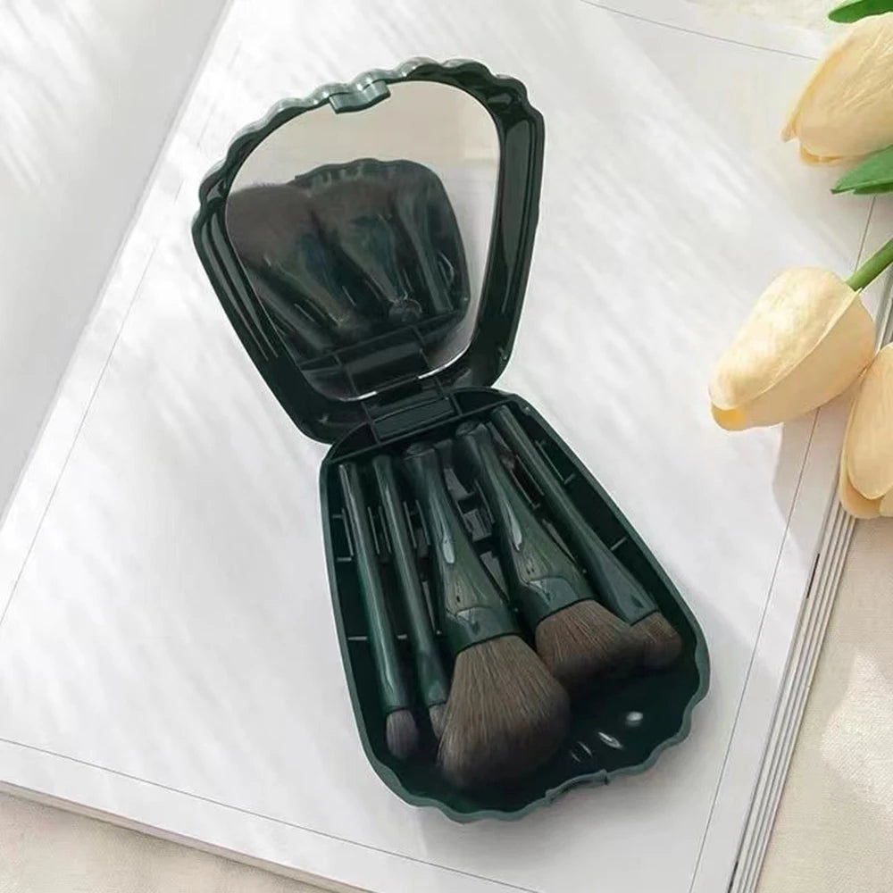 Mini Makeup Brush Set with Mirror Portable Makeup Brush Set, Shell Portable Travel Makeup Brush Set 5 Sizes Brush Mini Complete