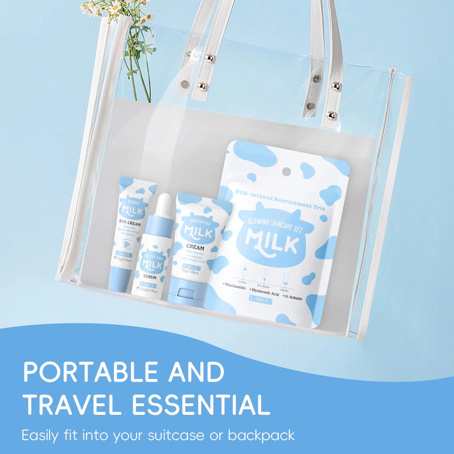 LAIKOU Milk Skincare Travel Set 3pcs Niacinamide Hyaluronic Acid Face Serum Eye Cream Face Cream Moisturizing Glowing Skin Care