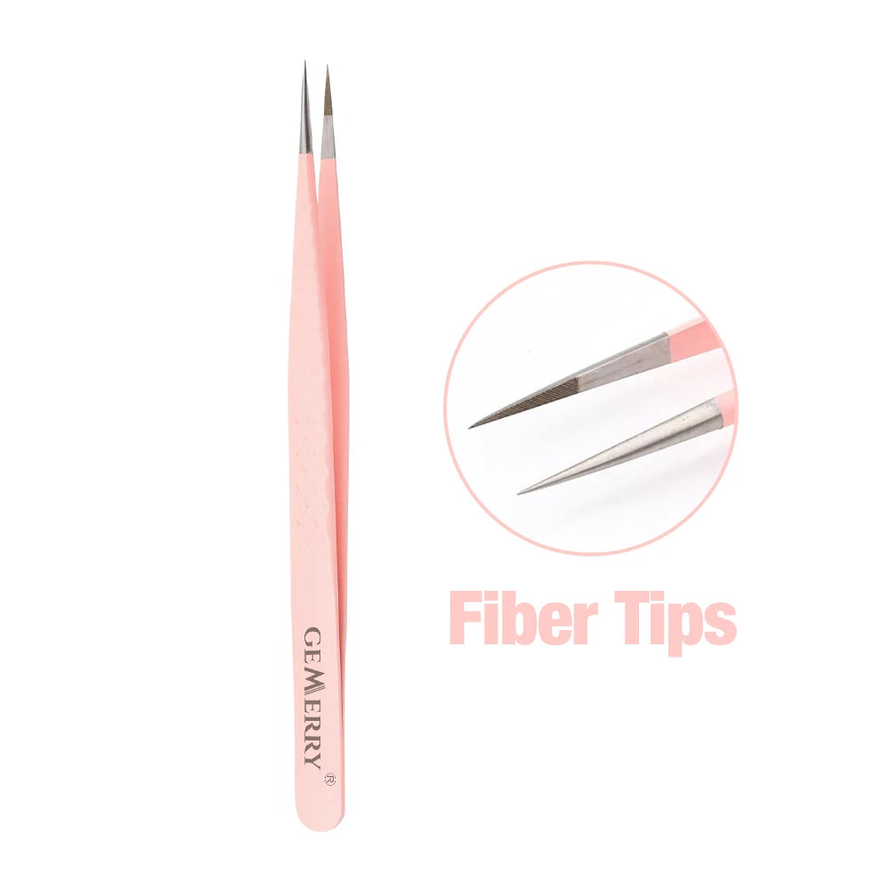 GEMERRY 1 PC Eyelash Tweezers With Fiber Tips Pink Professional Steel High Precision for Volume Fans Lashes Extensions Makeup