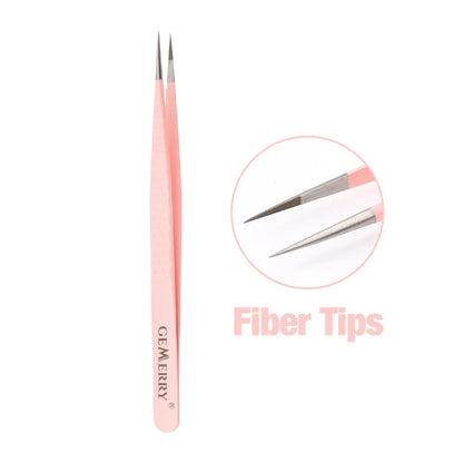 GEMERRY 1 PC Eyelash Tweezers With Fiber Tips Pink Professional Steel High Precision for Volume Fans Lashes Extensions Makeup