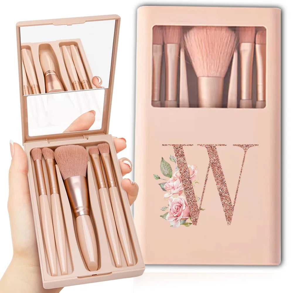5pcs Cosmetic Brush Kit With Mirror And Case Foldable Box Storage Makeup Brush Set Portable Beauty Tool Rose Gold Letter Pattern