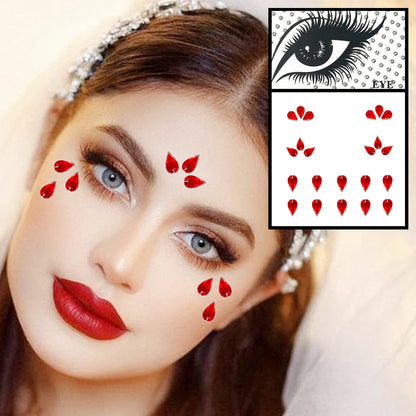 Red Heart Face Jewelry Temporary Tattoos Eye Forehead Diamonds Jewels Makeup Sticker Sparkle Water Drop Gems Nail Art Festival