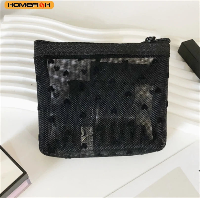 HOMEFISH Heart Transparent Mesh Makeup Bag Multifunction Portable Women Cosmetic Storage Pouch Ladies Toiletry Lipstick
