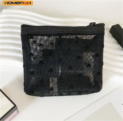 HOMEFISH Heart Transparent Mesh Makeup Bag Multifunction Portable Women Cosmetic Storage Pouch Ladies Toiletry Lipstick