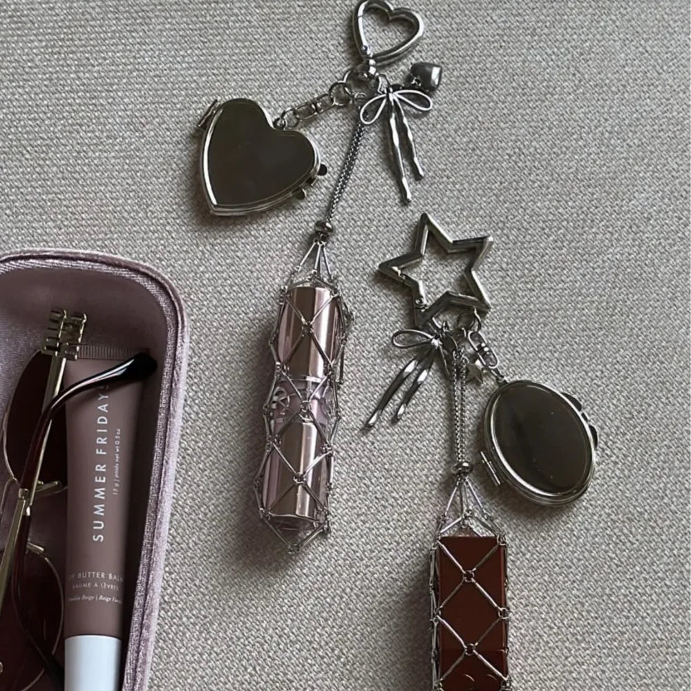 New Lipsticks Protective Cover Metal Net Pocket Lipstick Bag Keychain Portable Makeup Pouch Lip Balm Bag Key Chain Holder Mirror
