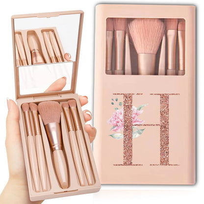 5pcs Cosmetic Brush Kit With Mirror And Case Foldable Box Storage Makeup Brush Set Portable Beauty Tool Rose Gold Letter Pattern